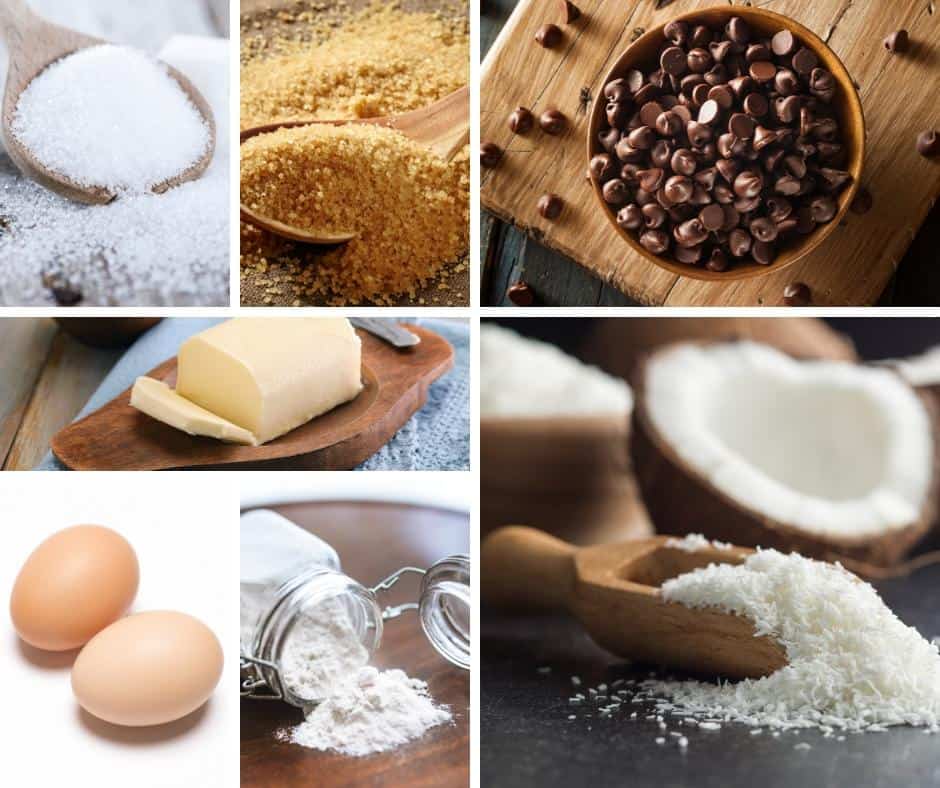 A collage of the ingredients for making chocolate chip cake squares.