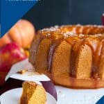 A pumpkin bundt cake on a cake stand.
