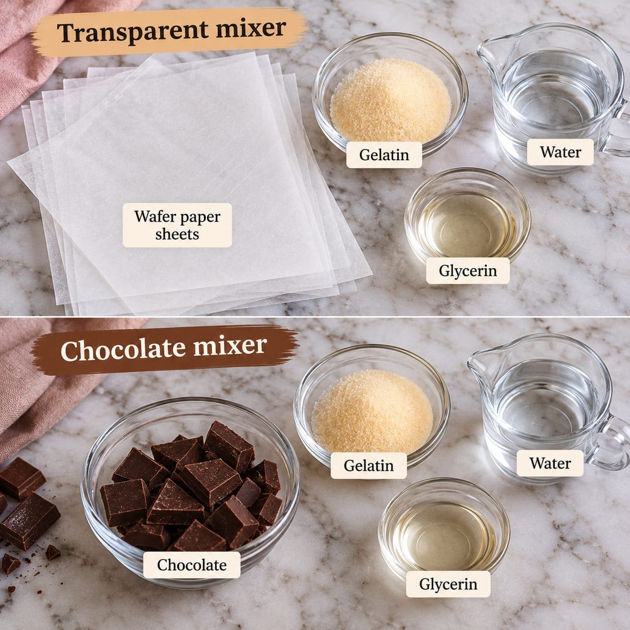 Ingredients for making Edible Fabric with Wafer Paper.