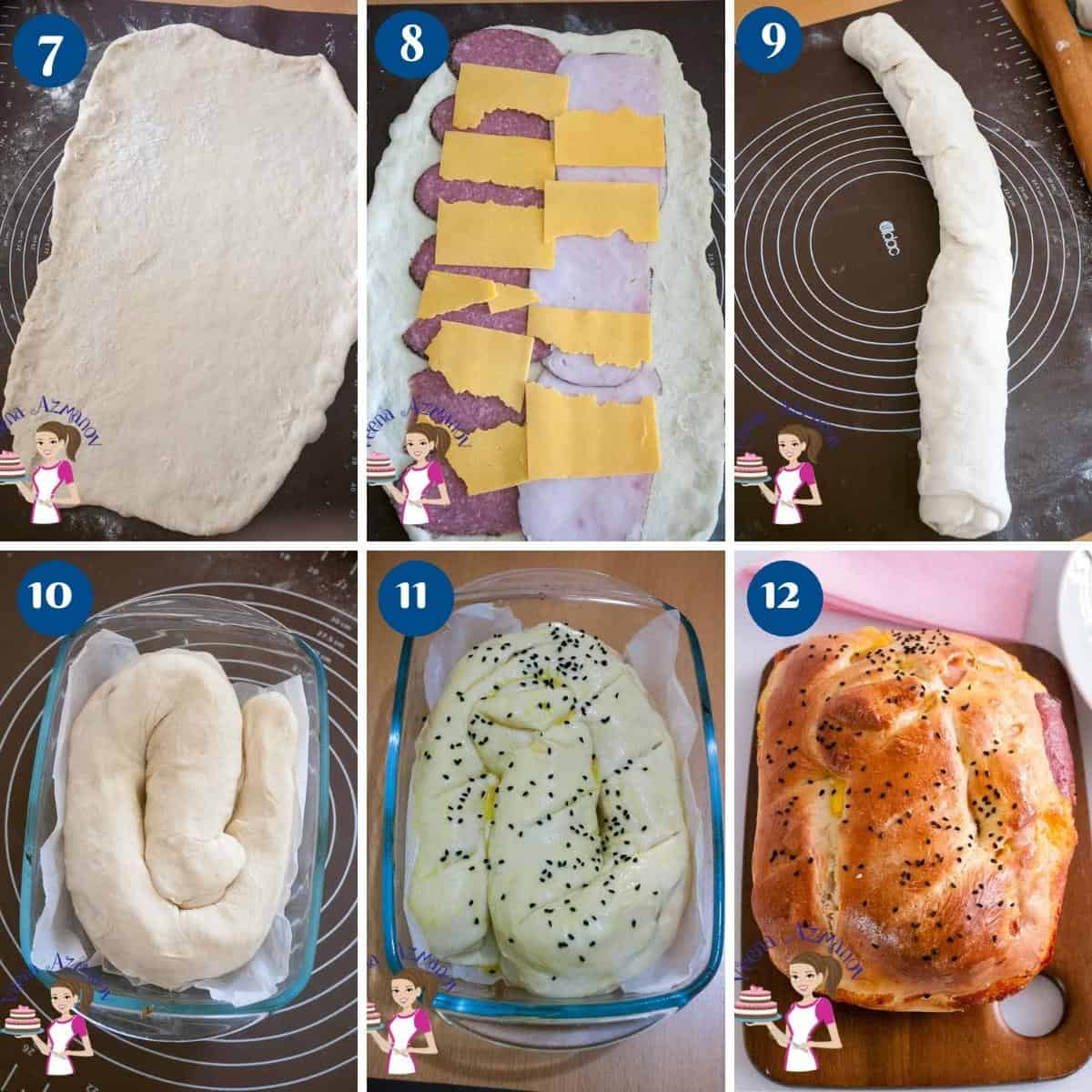 Progress pictures for ham and cheese bread.