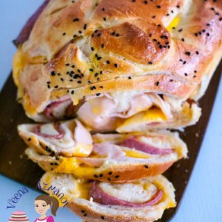 A ham and cheese stuffed bread.