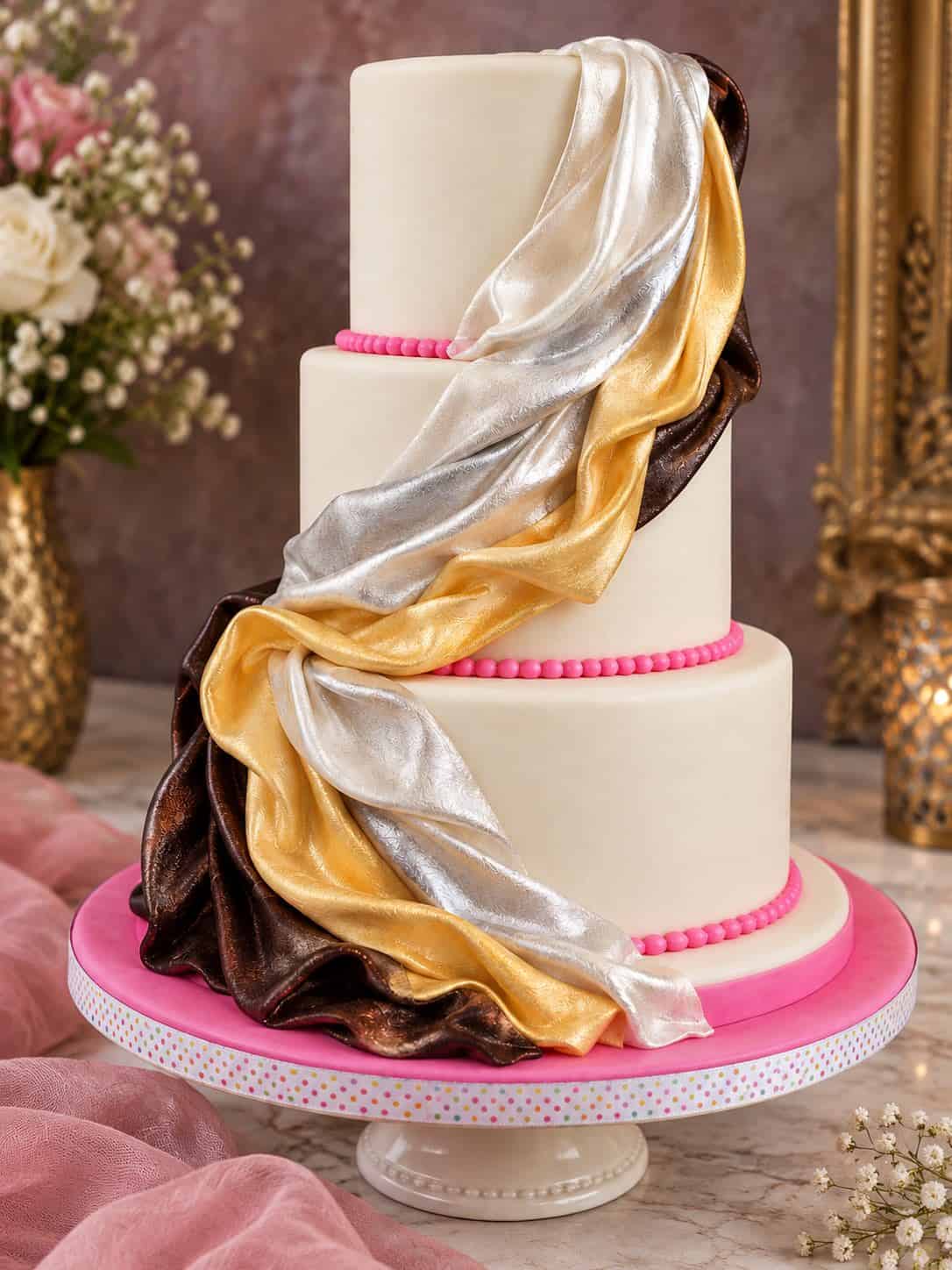A three tier cake with edible fabric silk draped around it.