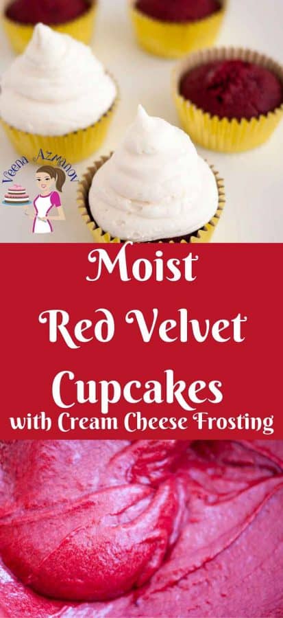 An image optimized for these moist red velvet cupcakes topped with no-butter cream cheese frosting. A simple, easy and effortless recipe that's light and fluffy.