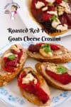 A plate with roasted red pepper and goat cheese crostini.