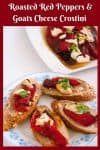A plate with roasted red pepper and goat cheese crostini.