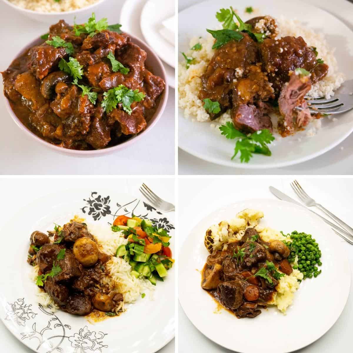 Collage sharing different ways to serve beef bourguignon.