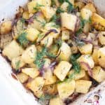 A casserole dish with roasted potatoes