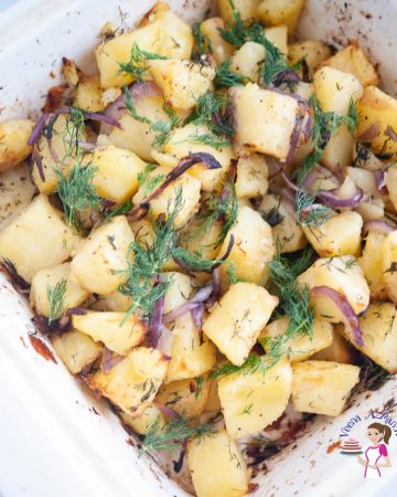 A casserole dish with roasted potatoes