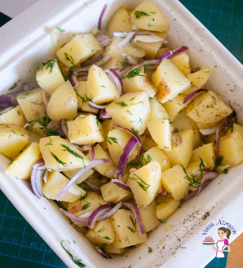 Add the potatoes to the onions marinade
