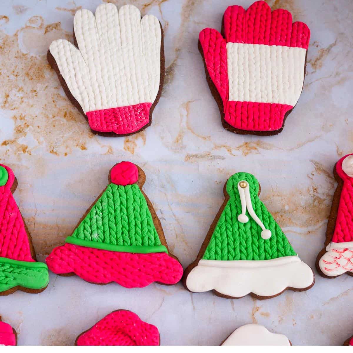 Fondant decorated Christmas cookies.