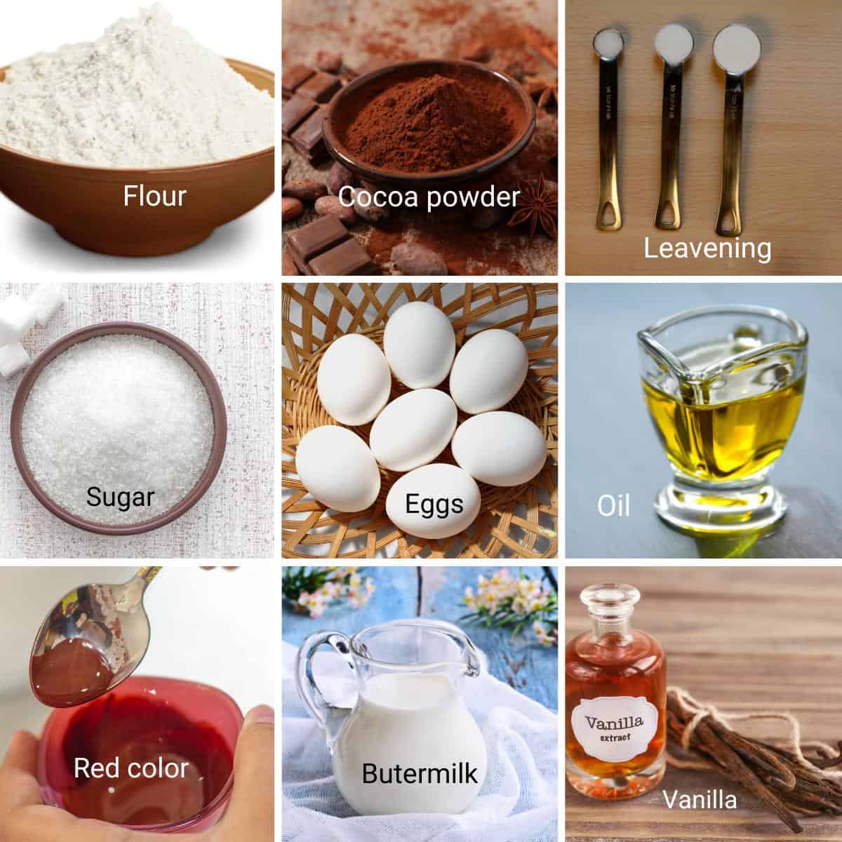 Ingredients for red velvet cupcakes