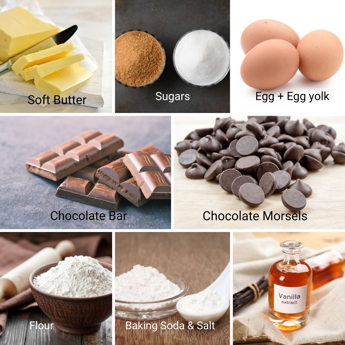 Ingredients for thin crispy chocolate chip cookies.