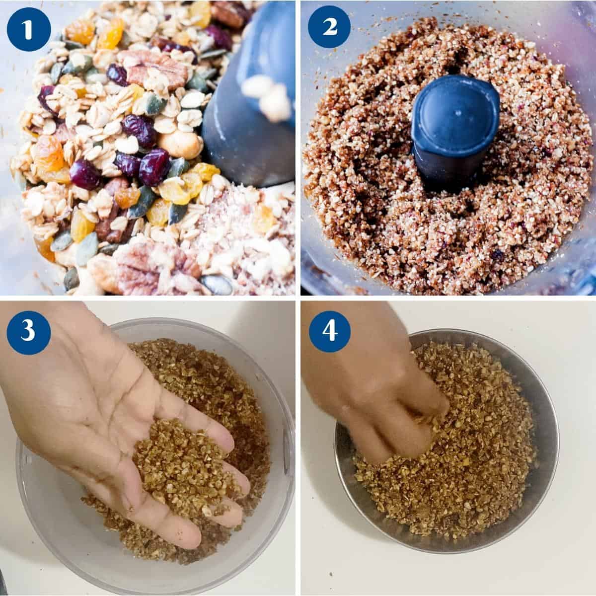 Progress pictures making granola crumbs for energy balls.