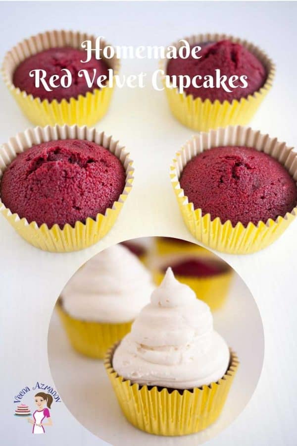 An image optimized for these moist red velvet cupcakes topped with no-butter cream cheese frosting. A simple, easy and effortless recipe that's light and fluffy.