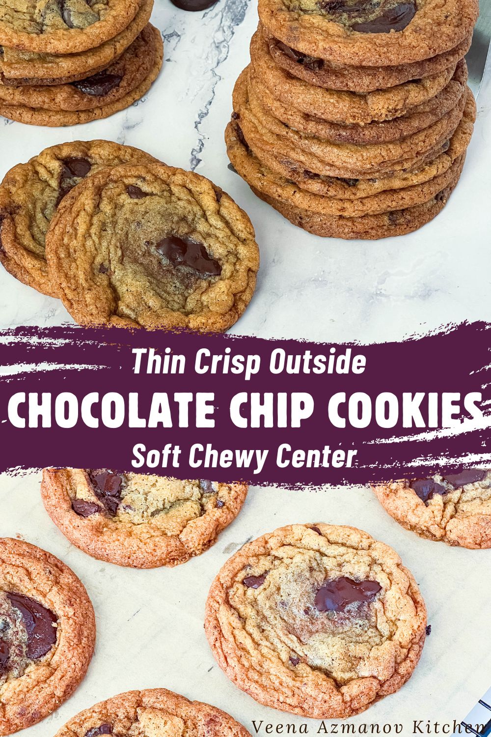 Pinterest image for thin crispy chocolate chip cookies.