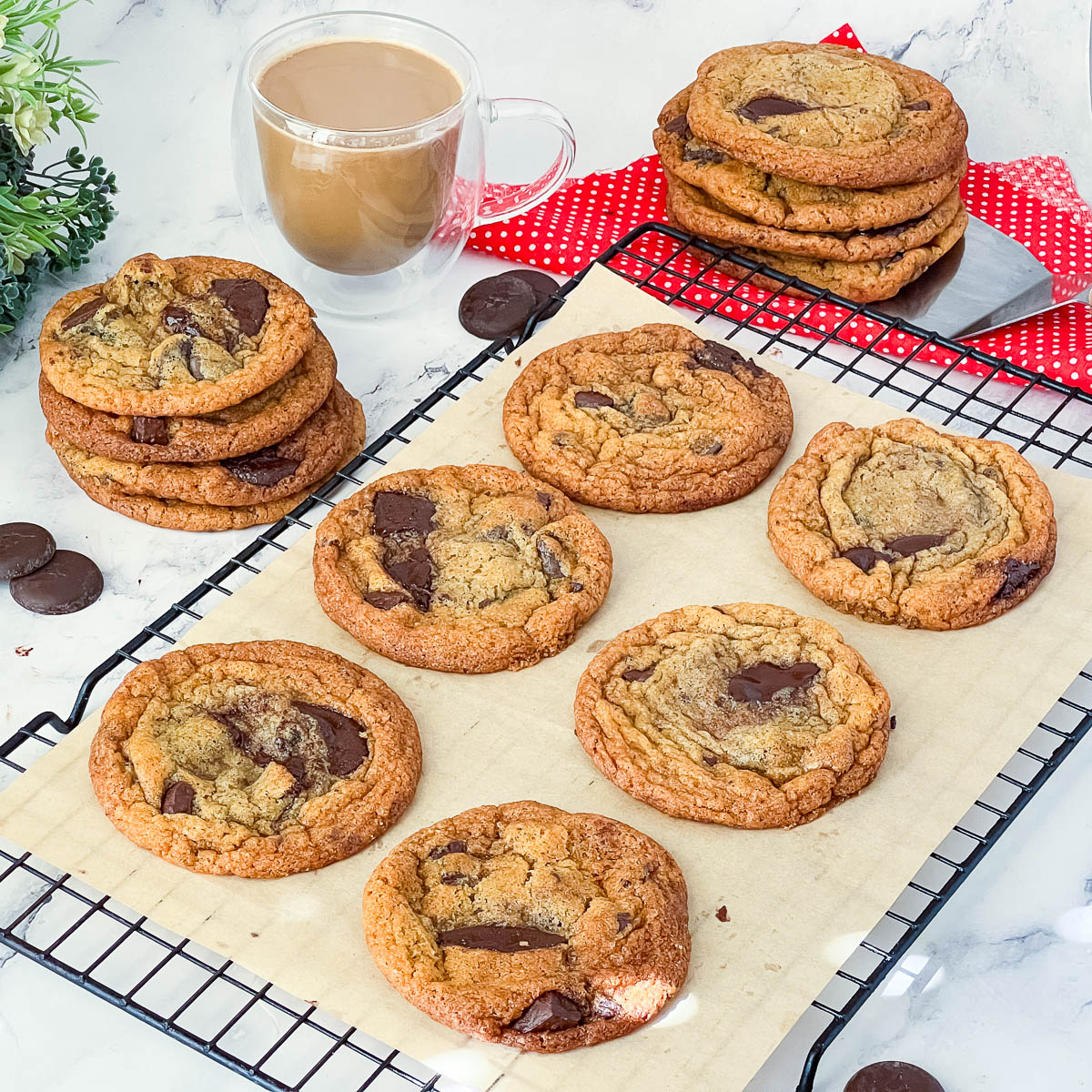 Fresh baked chocolate chip cookies on the table.