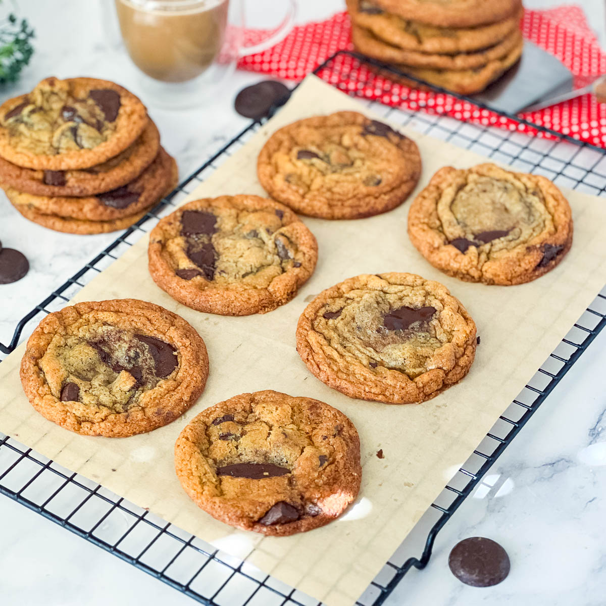Baked chocolate chip cookies on the table.