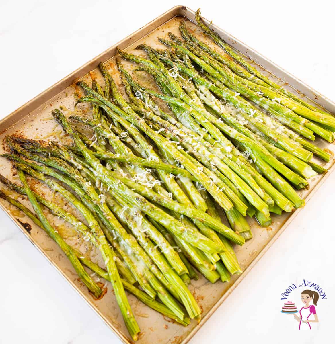 Roasted asparagus on a baking tray