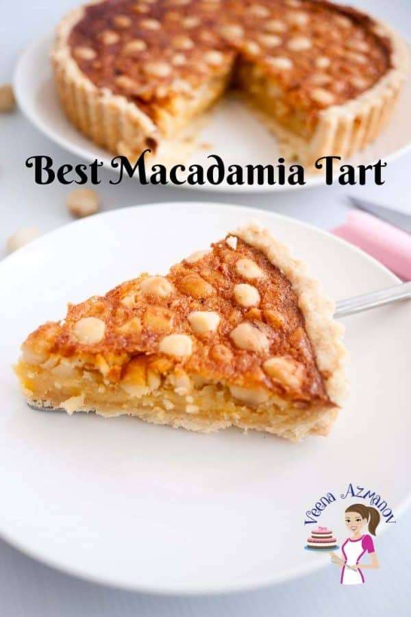 A slice of macadamia tart on a plate.
