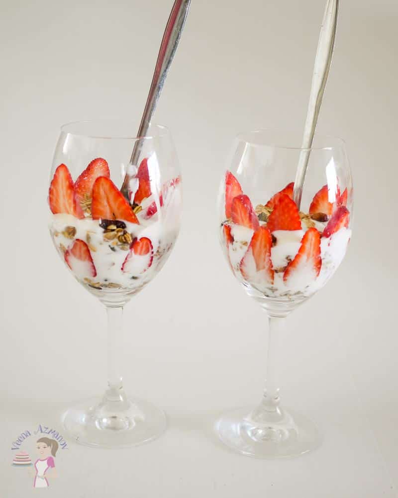 A yogurt parfait for two makes a perfect valentine's Day breakfast. Weather you want to stay in bed or it's a busy hectic day this simple, easy and effortless granola parfait takes no more than five minutes to put together. Use homemade or store bought granola, fresh or frozen fruits and these are a treat any time of the day too. A yogurt parfait for two makes a perfect valentine's Day breakfast. Weather you want to stay in bed or it's a busy hectic day this simple, easy and effortless granola parfait takes no more than five minutes to put together. Use homemade or store bought granola, fresh or frozen fruits and these are a treat any time of the day too.