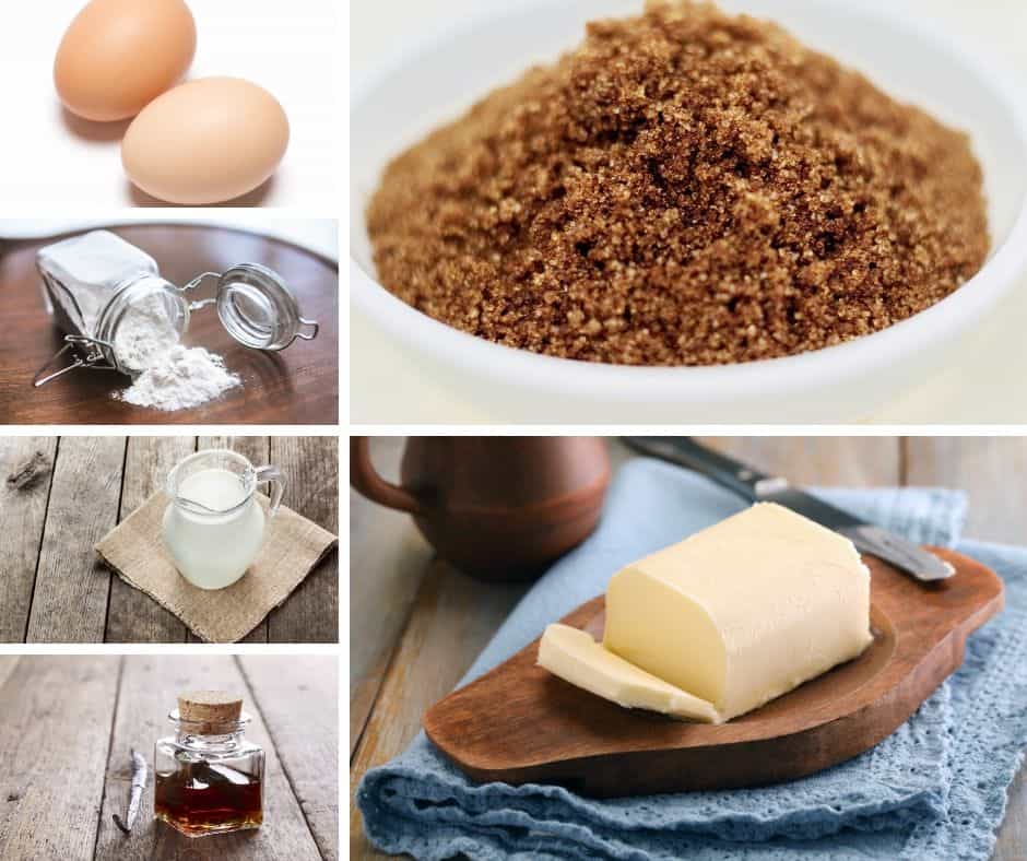 A collage of the ingredients for making a mini butterscotch cake.