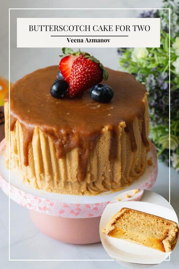 Pinterest image for butterscotch cake with sauce.