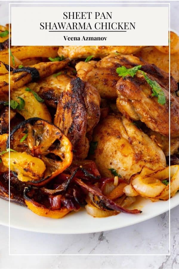 Pinterest image for sheet pan chicken with shawarma spice.