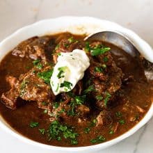 A bowl with Hungarian goulash.