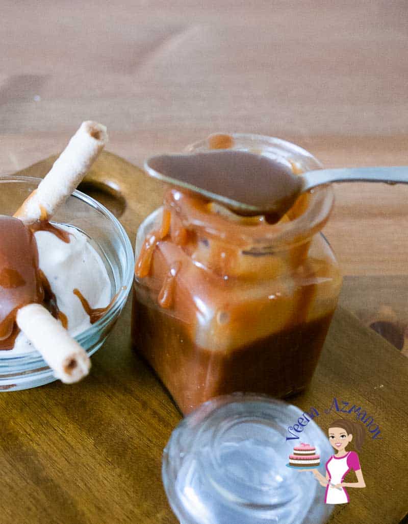 A jar with caramel sauce.