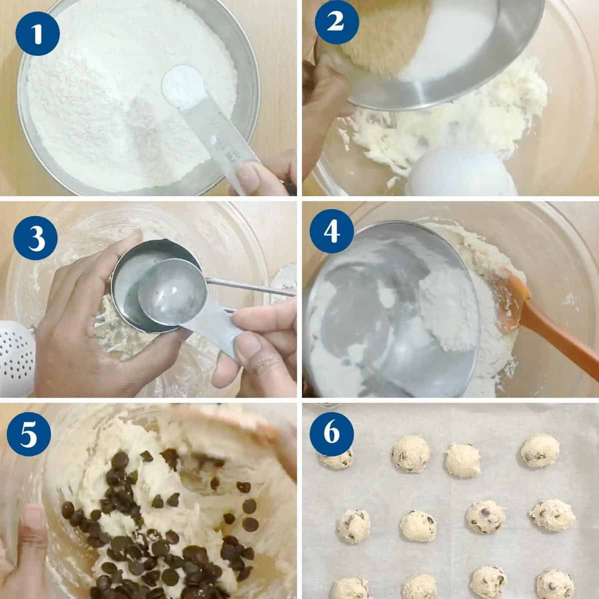 Progress pictures collage for chocolate chip cookies - Eggless.