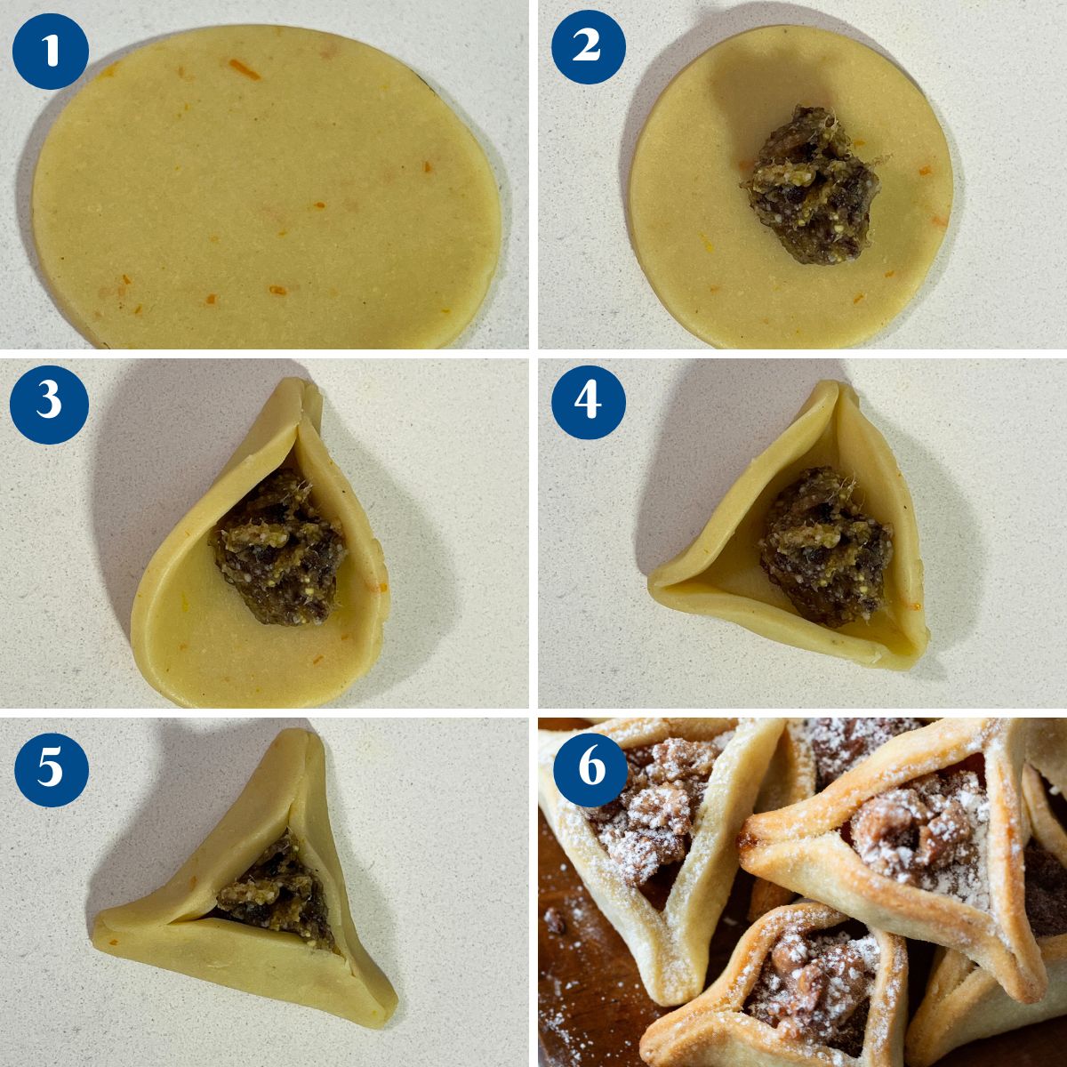 Progress pictures shaping the Hamantaschen Purim Cookies.