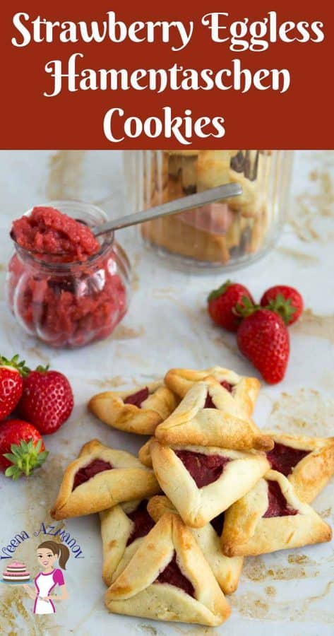 Hamantaschen cookies are the highlight of Purim but traditional purim cookies are not eggless or dairy free which can be a disappointment for those with allergies. This simple, easy and effortless recipe for dairy free and eggless hamentaschen cookies can be made with any filling but today we have strawberry filled purim cookies.