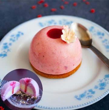 A plate with strawberry mousse entremets