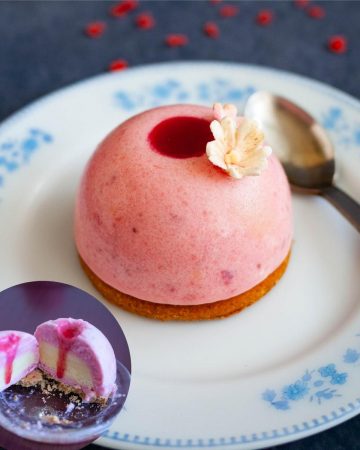 A plate with strawberry mousse entremets