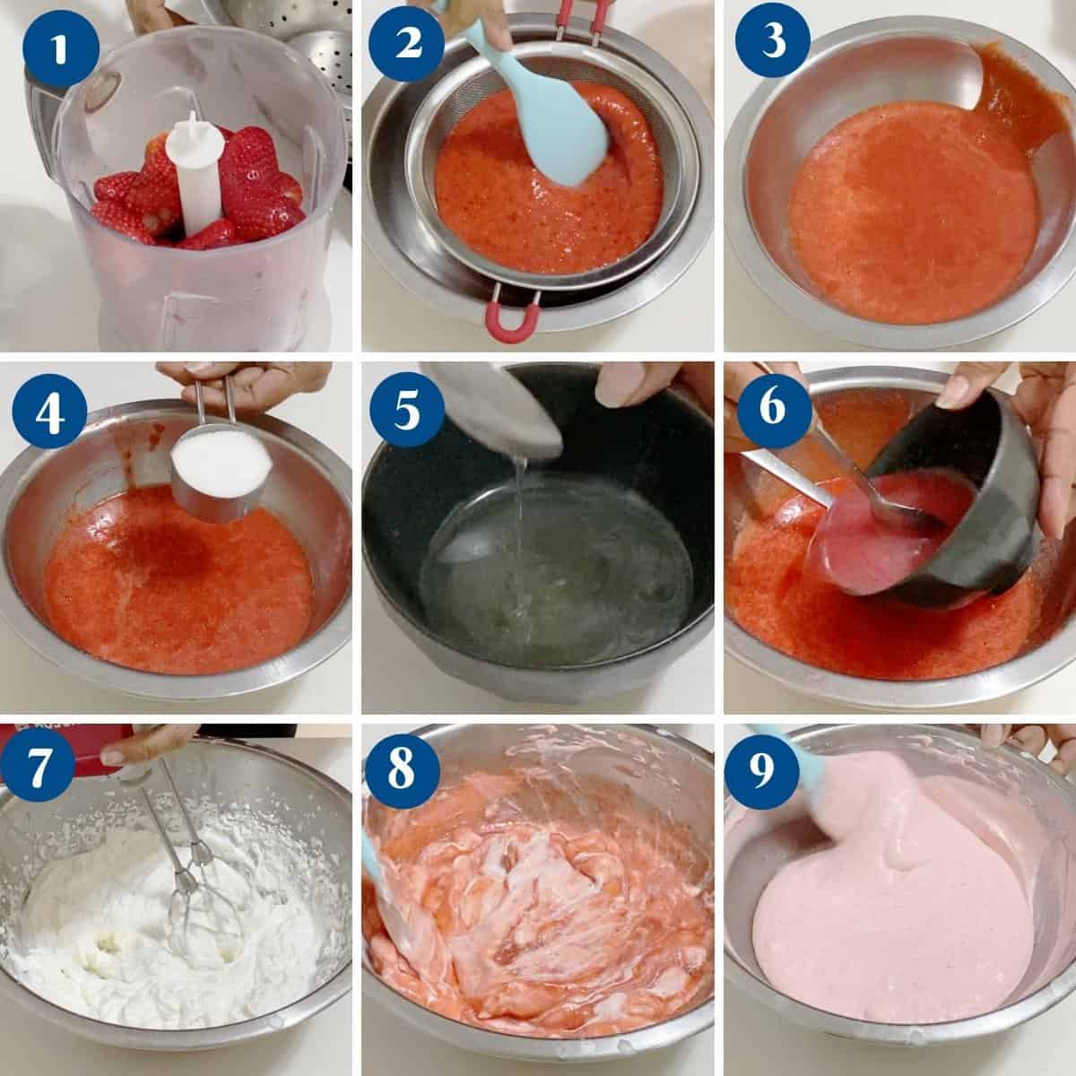 Progress pictures making the strawberry mousse.