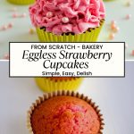 Pinterest image for Eggless Strawberry Cupcakes with Pink Frosting.