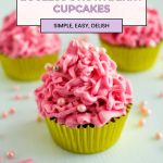 Pinterest image for Eggless Strawberry Cupcakes with Pink Frosting.