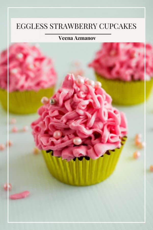 Pinterest image for strawberry eggless cupcakes.