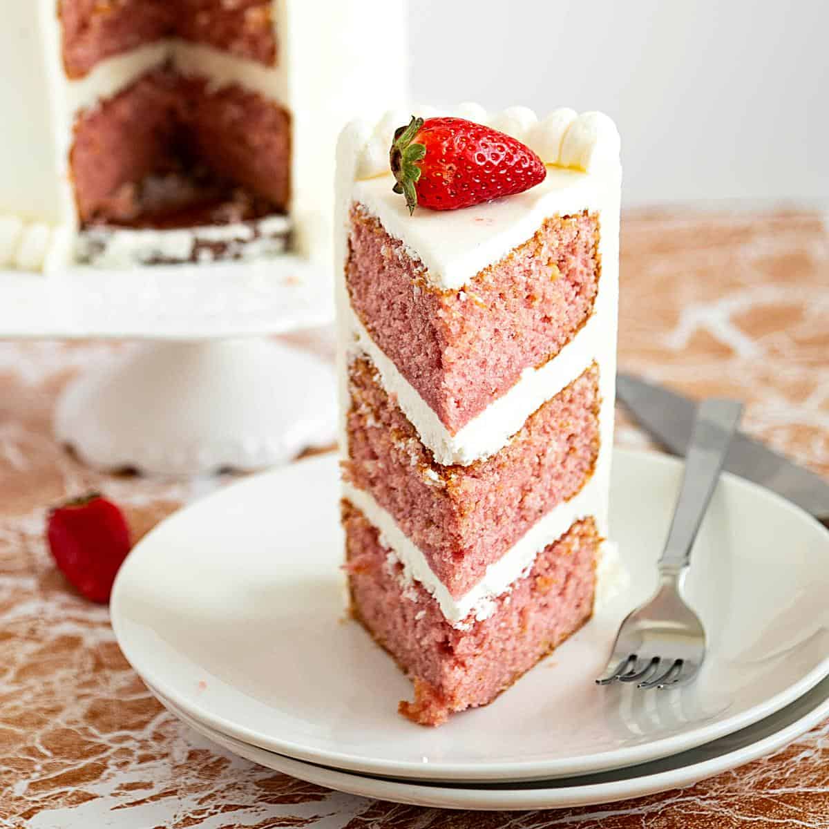 A slice of strawberry cake.