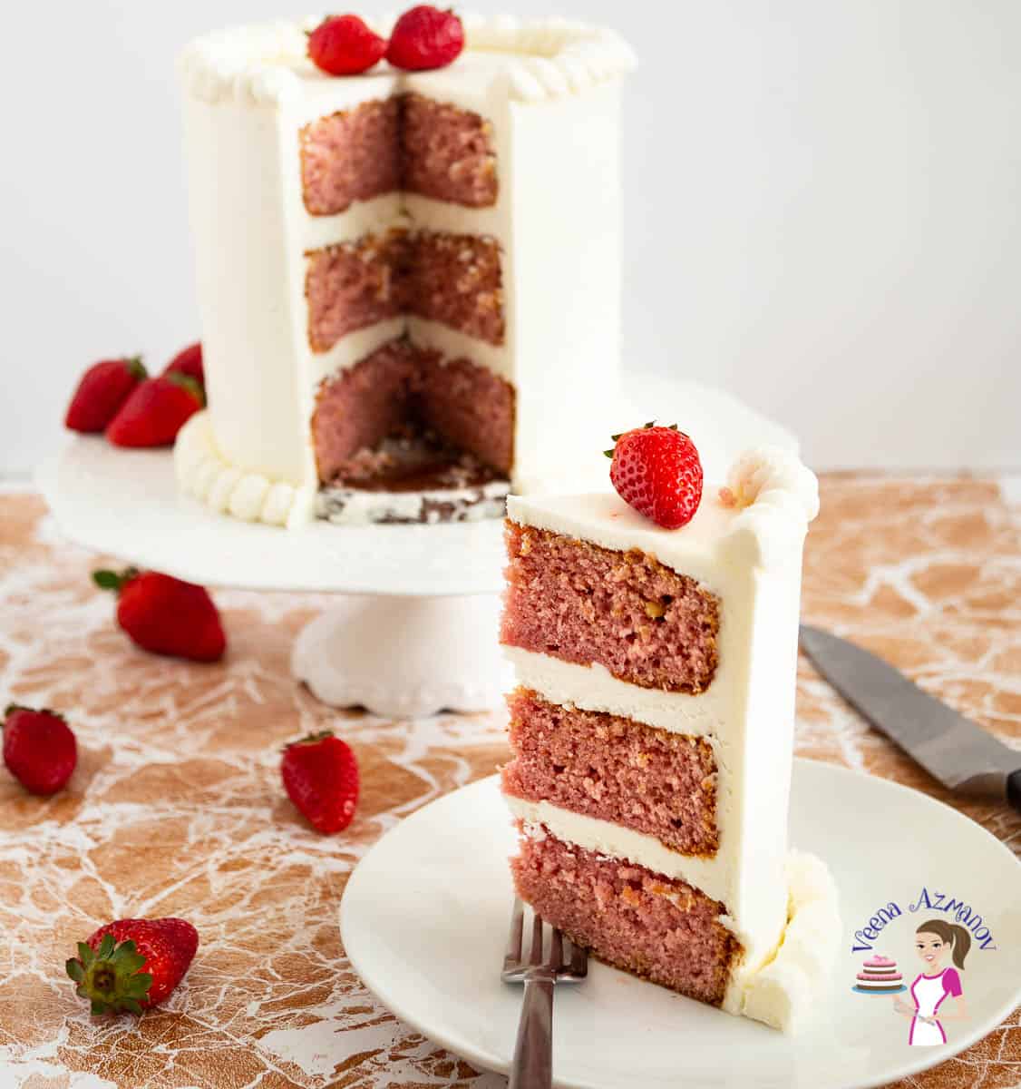 A sliced strawberry cake