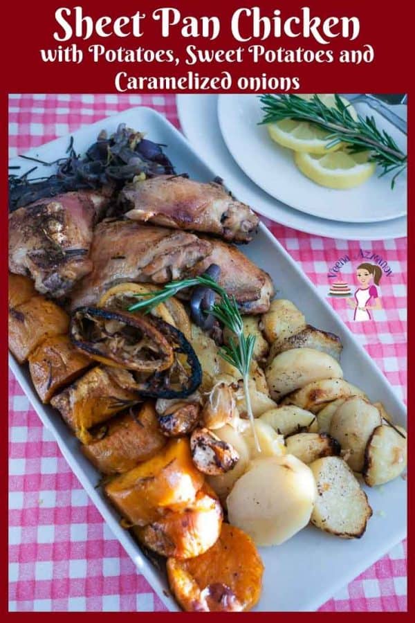 An image optimized for social sharing for this sheet pan chicken dinner with caramelized onions and sweet potatoes