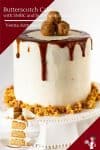 A butterscotch cake on a cake stand.