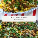 Pinterest image for dum lamb biryani.