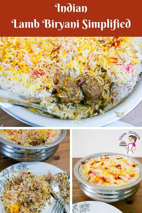 Lamb biryani, famously known as gosht ki biryani is flavored lamb cooked in layers with rice, golden onions, saffron and clarified butter or ghee. In this simple, easy and effortless recipe for lamb biryani simplified, I will share a recipe so addictive that you will love to make over and over again despite the few extra efforts necessary. A Pinterest Optimized image for Lamb Biryani Simplified - Layered lamb with rice, ghee and saffron made Hyderabad Dum Style