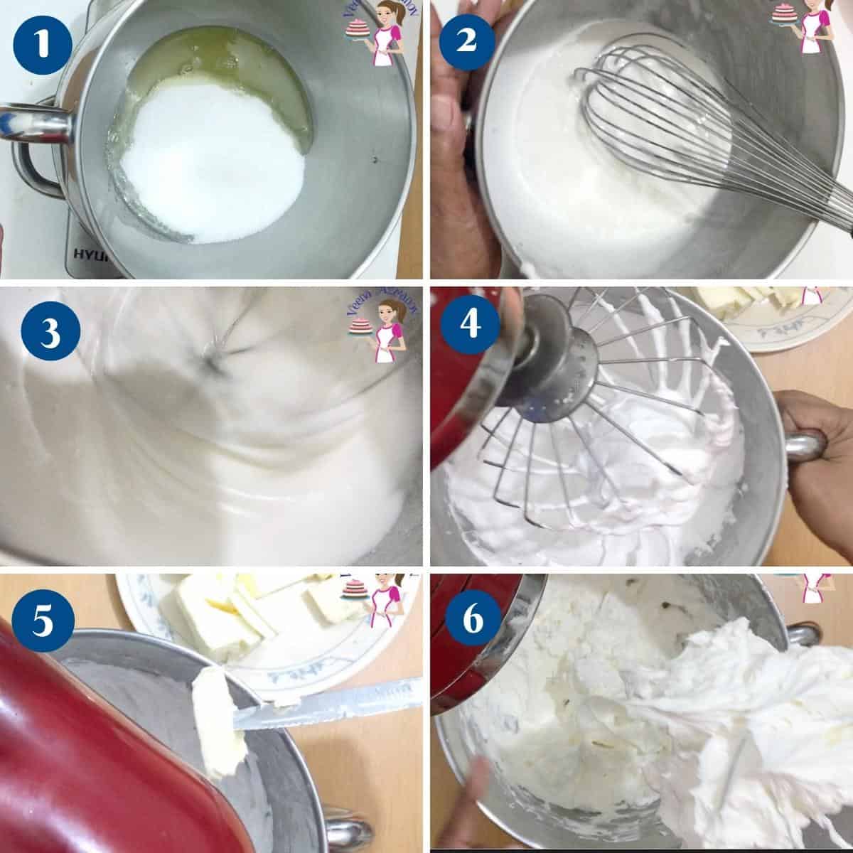 Progress pictures collage for Swiss meringue buttercream.