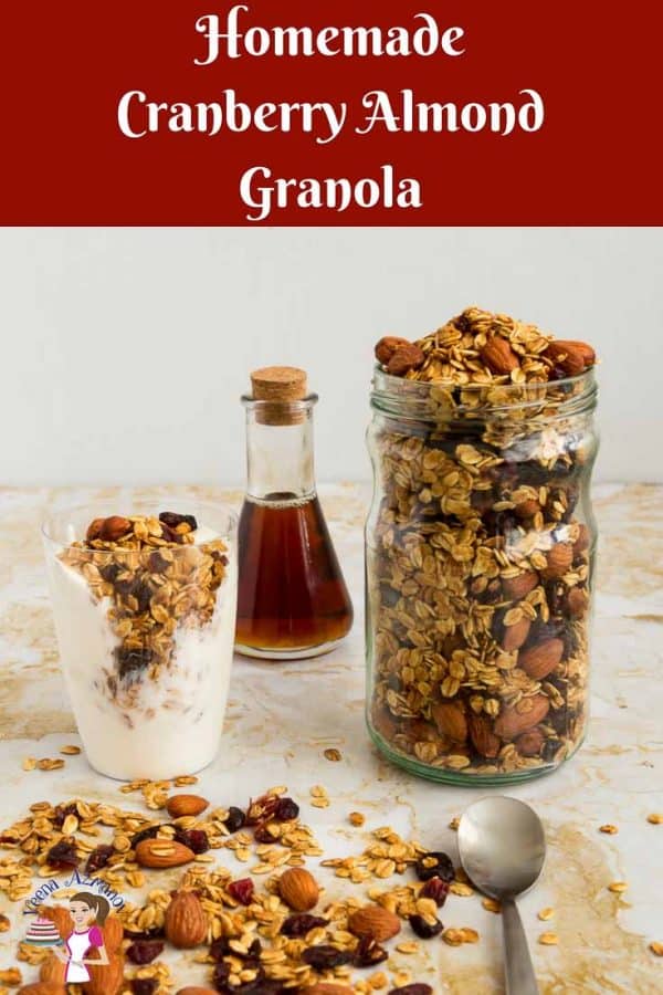 Start your day with a bowl of nutritious and healthy granola. This simple, easy and effortless recipe for homemade cranberry almond granola takes five minutes to prepare and less than thirty minutes to bake. With natural sweetness from cranberry and honey accompanied by toasted almonds make this an absolute treat any time of the day when you need a quick snack or breakfast at dinner.