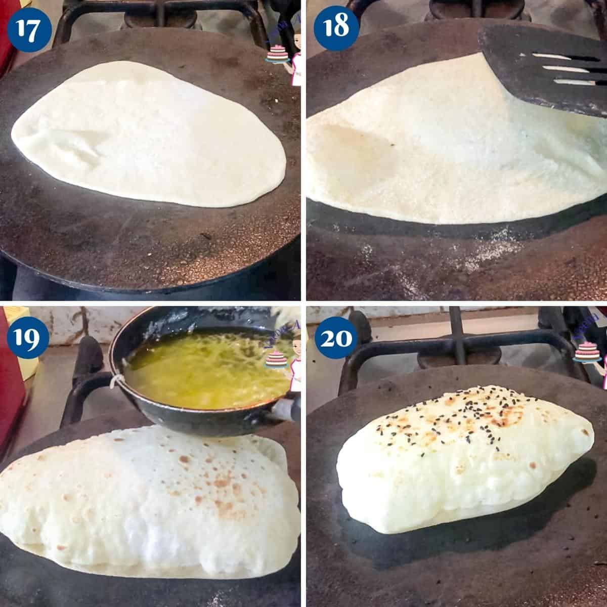 Progress pictures collage brushing the naan with garlic butter.