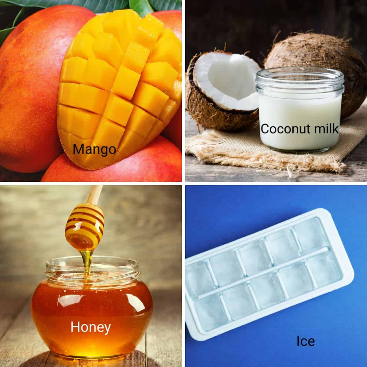 Ingredients for making mango coconut smoothie.