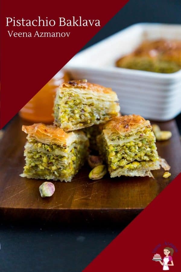 Three squares of pistachio baklava on a table.