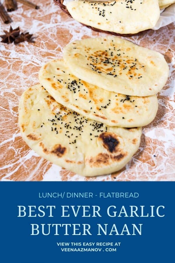 Pinterest image for homemade naan with garlic butter.